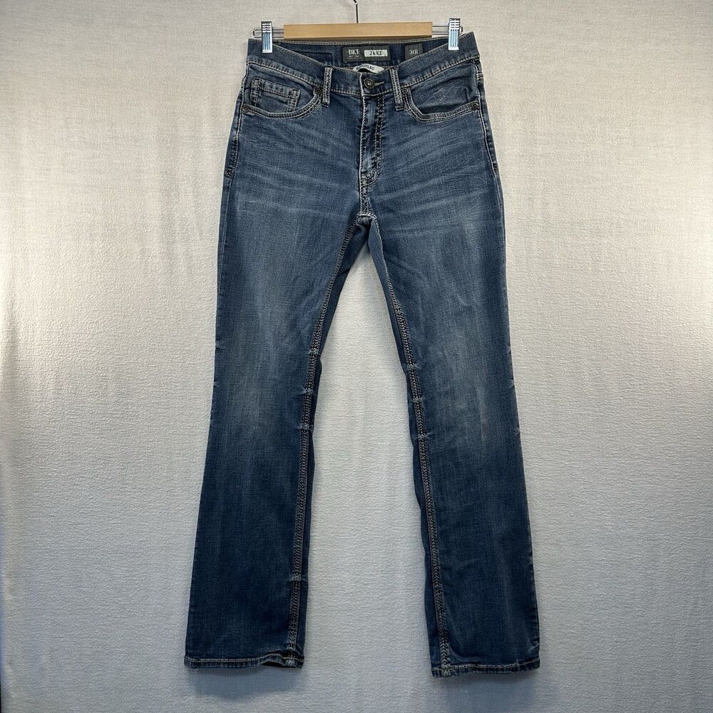 BKE Buckle Jake Jeans Men 31 R BootLeg Fade Whiskering Stretch Thick Stitch 30”L